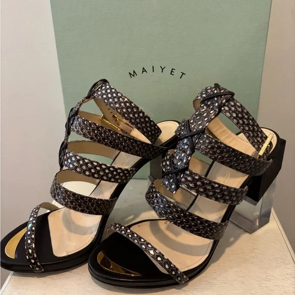 🤩 Modern VTG Maiyet of Italy Elaphe Multi Strap Black & Gold Strappy Sandal 38.5 - Picture 6 of 12